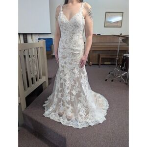 Stella York Lace Mermaid Wedding Dress Champagne White Low Back Bridal Gown 10